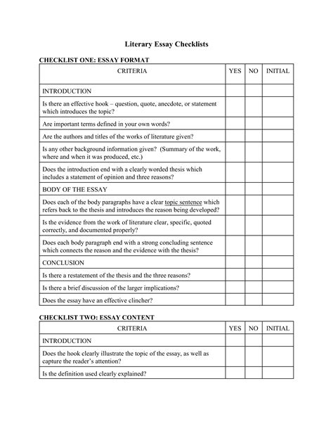 literary essay checklists templates  allbusinesstemplatescom
