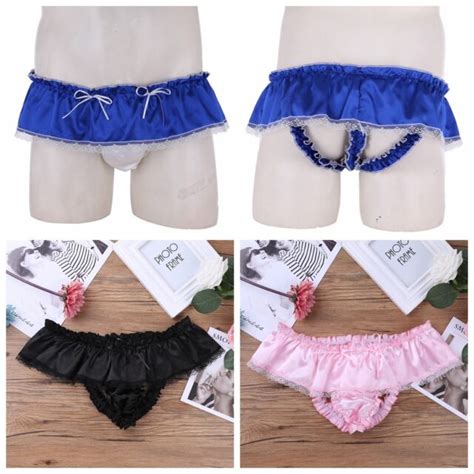 mens satin ruffled thongs skirted panties open back sissy lace briefs