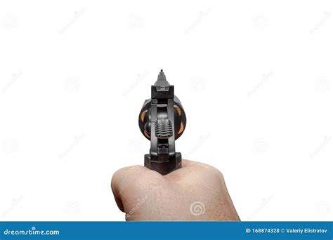mans hand   loaded black revolver aims   person