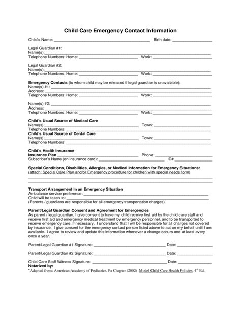 child care emergency contact form   templates   word