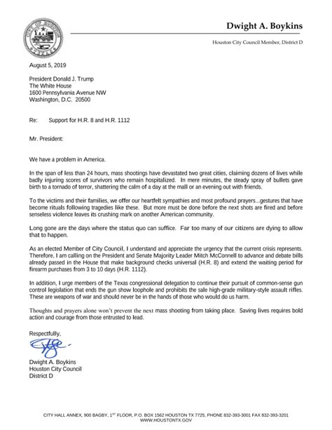 council member boykins sends letter urging potus  senate leadership