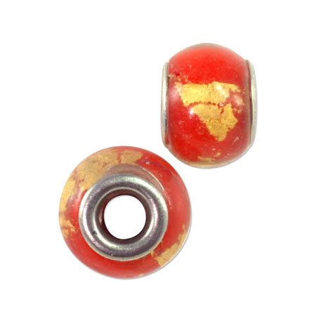 Large Hole Glass Bead 10x14mm Red With Gold Foil Glass