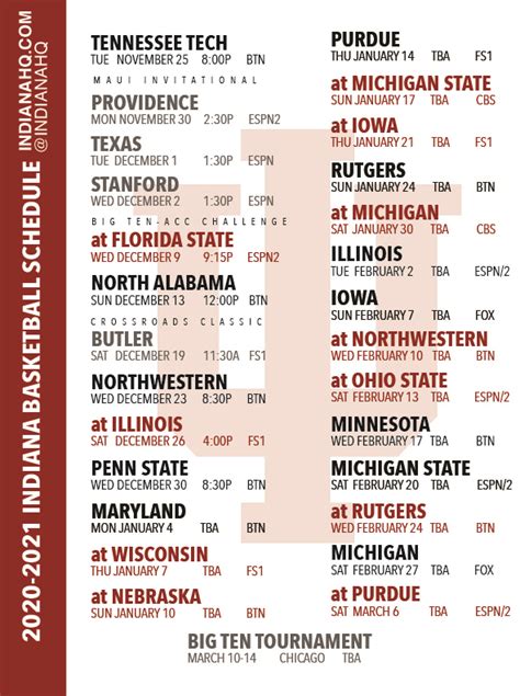 Printable 2020 2021 Indiana Basketball Schedule Pdf Hoosiers