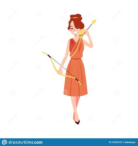 Woman Or Artemis Greek Goddess Stands Holding Bow And Arrow Cartoon