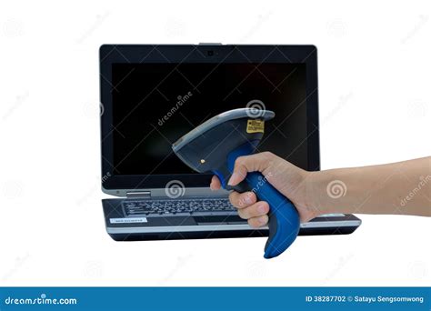 scanning label  laptop  wireless scanner stock photo image