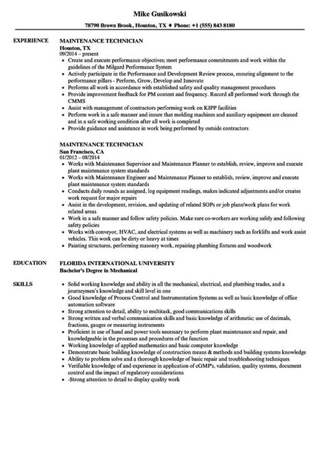 maintenance technician resume summary examples