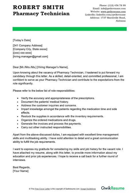 pharmacy technician cover letter examples qwikresume