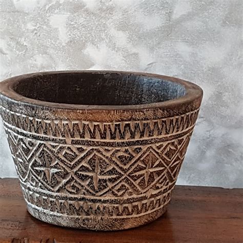 small tribal patterned white washed wooden pots canggu