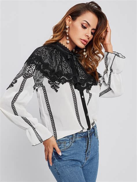 lace contrast bow tie neck blouse shein sheinside