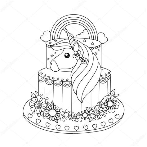 unicorn cake coloring book adult vector illustration handdrawn doodle