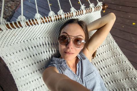 Woman Laying In Hammock Pov Vacation Selfie Stock Image Image Of