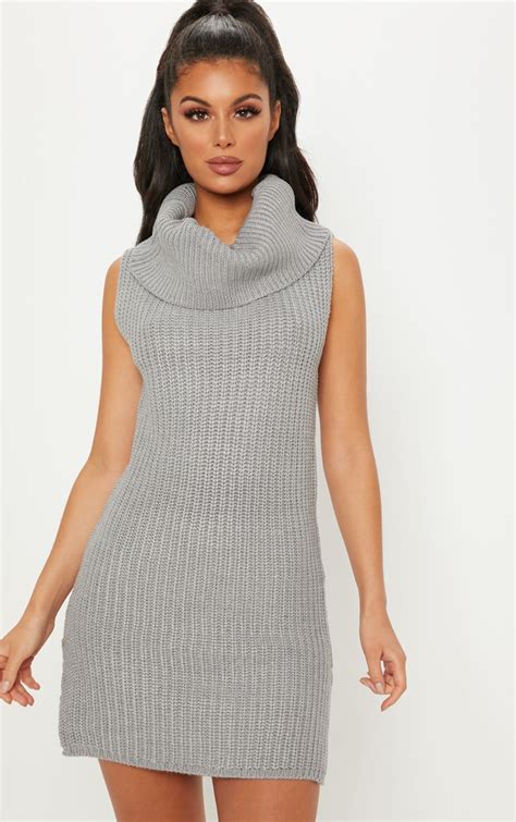grey chunky knitted cowl neck dress prettylittlething