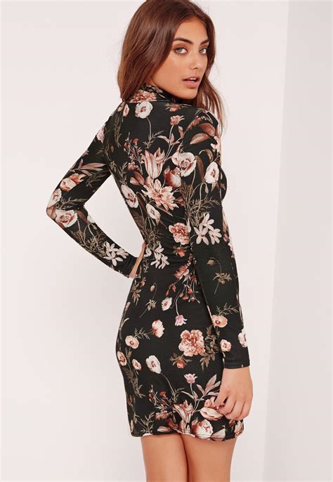 Missguided Floral High Neck Long Sleeve Bodycon Dress