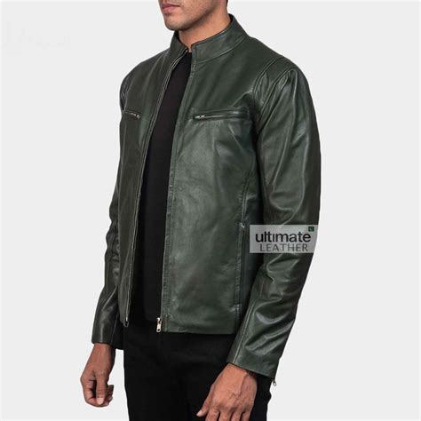 mens dark green leather jacket green casual jacket