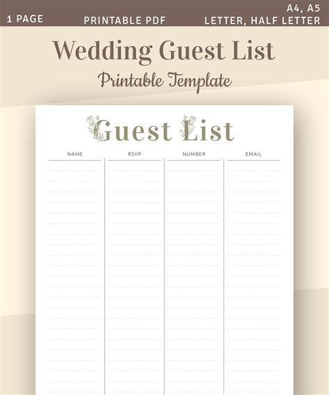 printable printable wedding guest list template