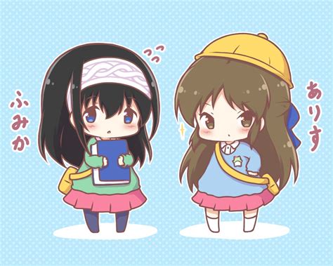 2girls black hair blue eyes blush book brown eyes brown hair chibi hat