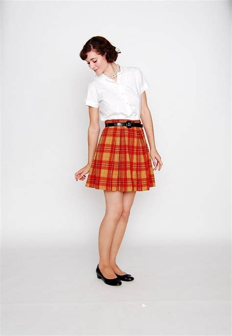 vintage  skirt  mini skirt red  orange plaid