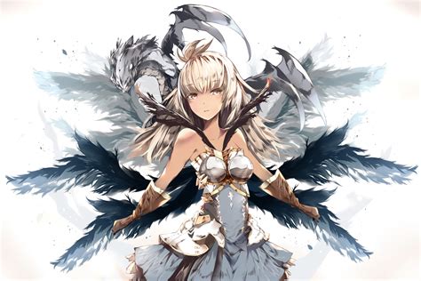 armor blonde hair dark skin dragon dress gloves granblue fantasy long hair tagme artist wings
