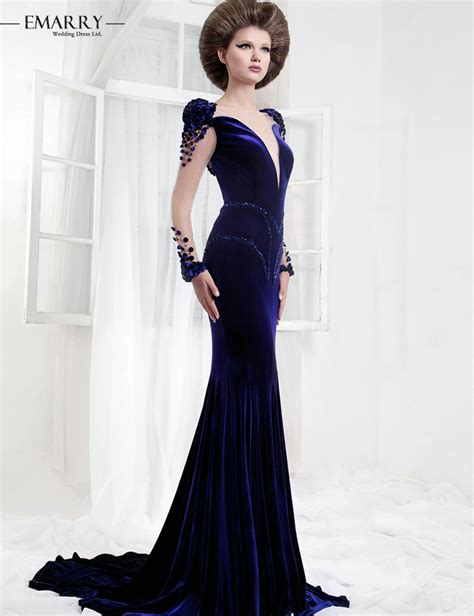 Sexy Deep V Neck Royal Blue Velvet Evening Dresses Mermaid Backless