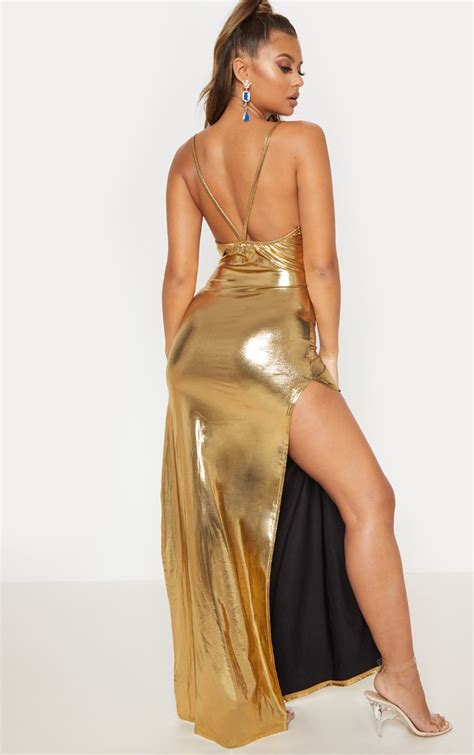 Gold Metalic Cowl Neck Maxi Dress Dresses Prettylittlething