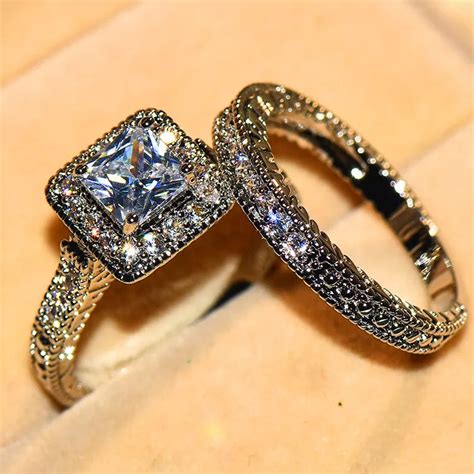 fashion cute female wedding ring set vintage  silver engagement