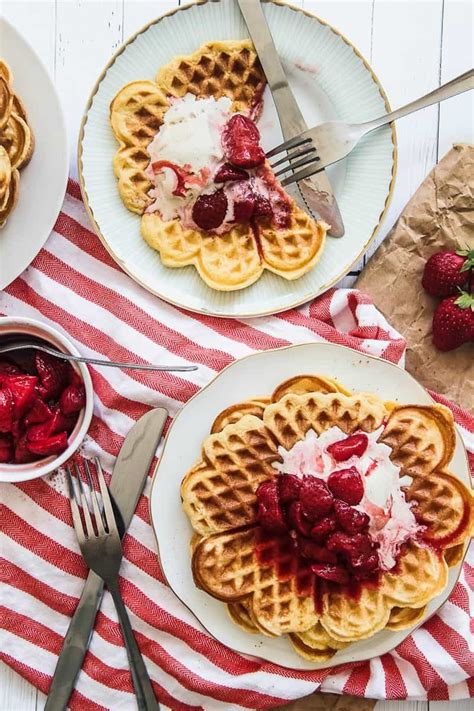 Pancake Waffles With Cinnamon Ice Cream And Roasted Strawberries