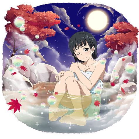 safebooru 1girl autumn leaves barefoot black eyes black hair