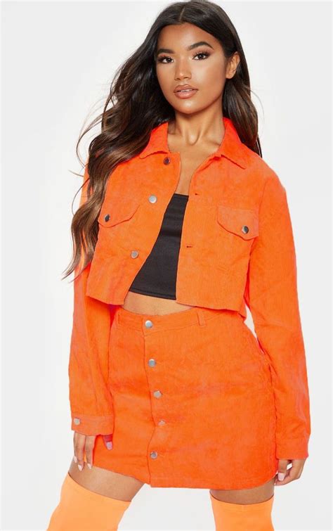 Neon Orange Cropped Cord Jacket Denim Jacket Women Black Crop Tops