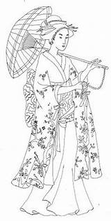 Coloriage Chinois Kimono Geisha Radieuse Japonais Adulte Asien Japoneses Gueixas Adultos Parasol Modele Pochoirs Gueixa Asiatique Chine Etnias Japonesa Dover sketch template