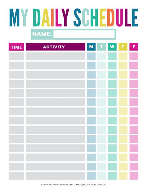 printable kids daily schedule template  incremental mama