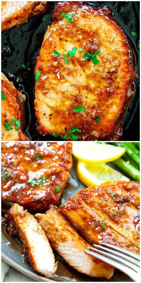 Honey Garlic Pork Chops Cooked In A Skillet With Sticky