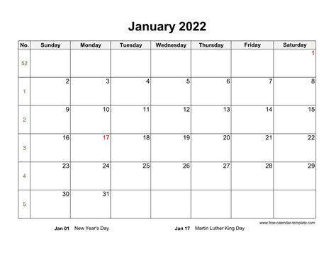 calendar blank january template horizontal  calendar