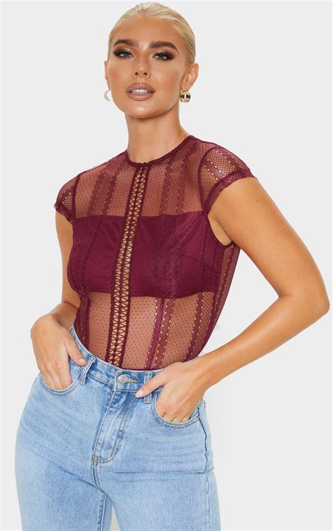 wine embroidered lace bodysuit tops prettylittlething usa