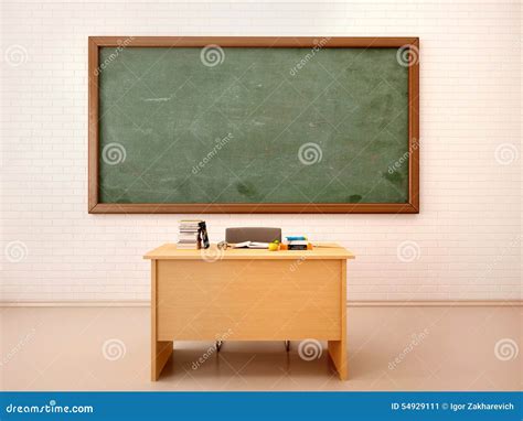 illustration  bright empty classroom  blackboard  te stock