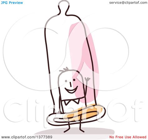 Clipart Of A Stick Man Waving Inside A Giant Condom Royalty Free