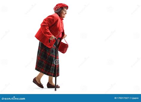 smiling senior woman walking   cane stock image image  white
