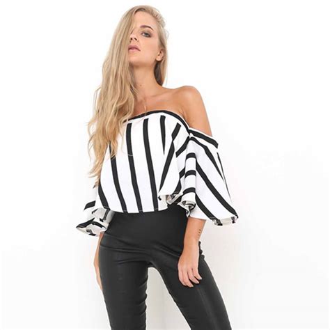 sexy off shoulder ruffle sleeve stripe women blouses summer 2019
