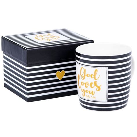 black  white striped mug  gold foil lettering   side    box