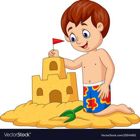 cartoon happy boy making sand castle royalty  vector