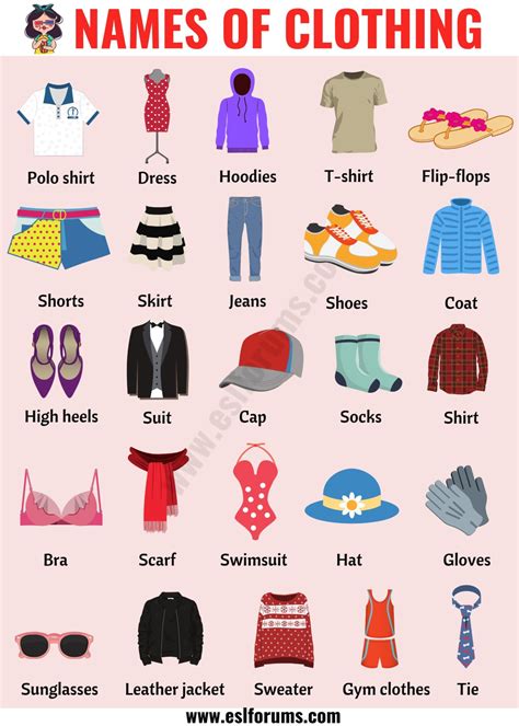 types  clothing  list  clothing names   picture esl