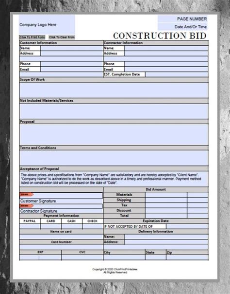 printable contractor bid forms