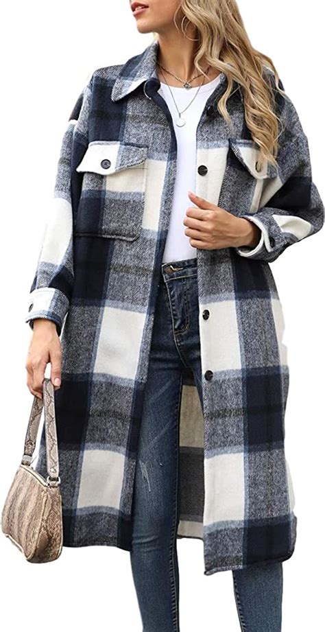 tanming women s casual loose lapel button plaid wool blend long shirt