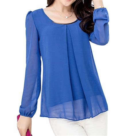womens chiffon long sleeve slim  neck casual blouse tops shirt blue  blouses