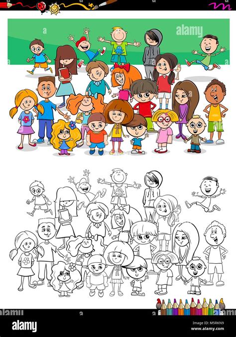 cartoon illustration  kids characters group coloring book activity