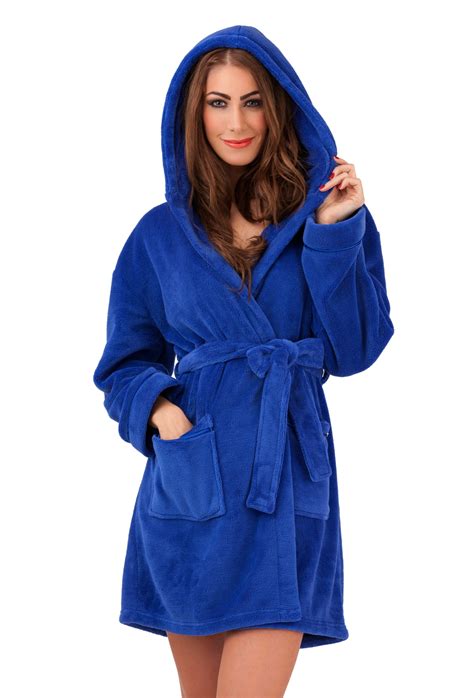 womens hooded short bath robe dressing gown housecoat  belt ladies
