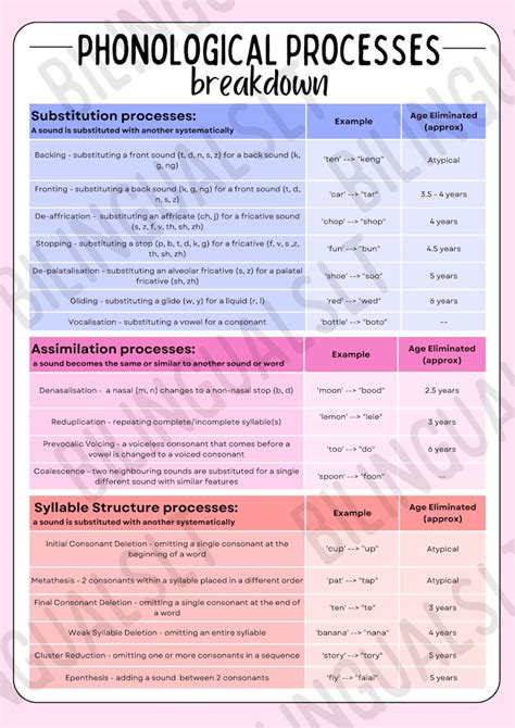 phonological processes breakdown chart phonological processes phonemes syllables sound
