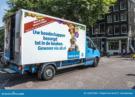 ah supermarket service  home truck  amsterdam  netherlands  editorial photo image