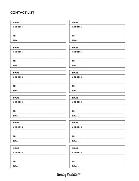 printable contact list form