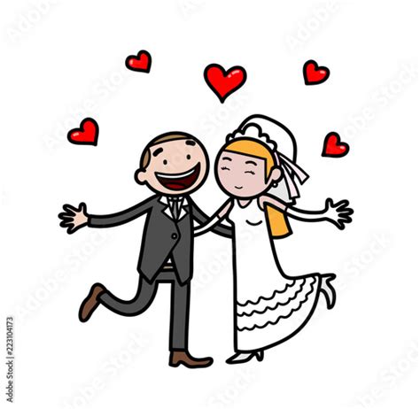 Hand Drawn Cartoon Illustration Of A Happy Wedding Couple Getting