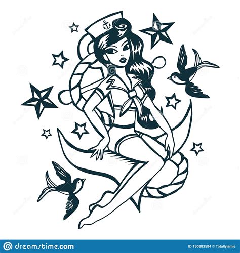 hand drawn vintage tattoo ink sailor girl stock vector